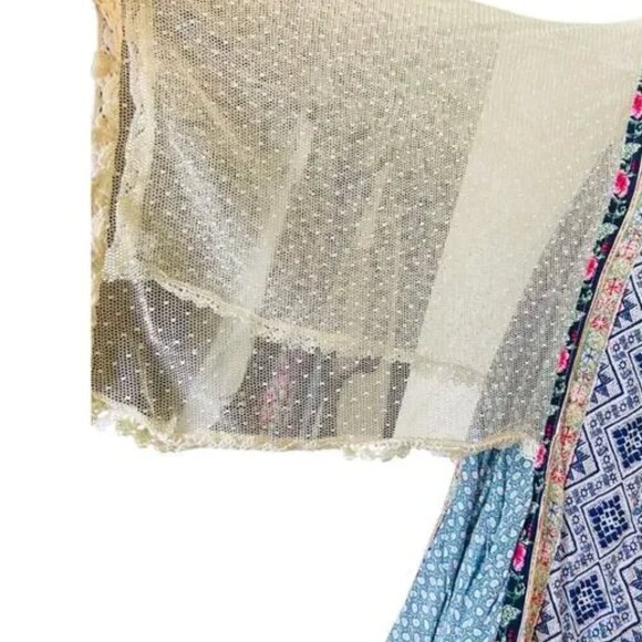 Umgee Tunic Blouse M Boho 3/4 Open Split Sleeve Lace Bow Tie Back Multicolor - Picture 3 of 5